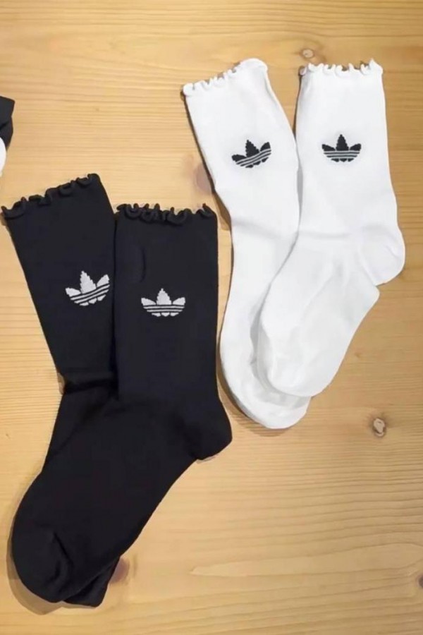 Adidas 荷葉邊 中筒襪 黑/白(一組)