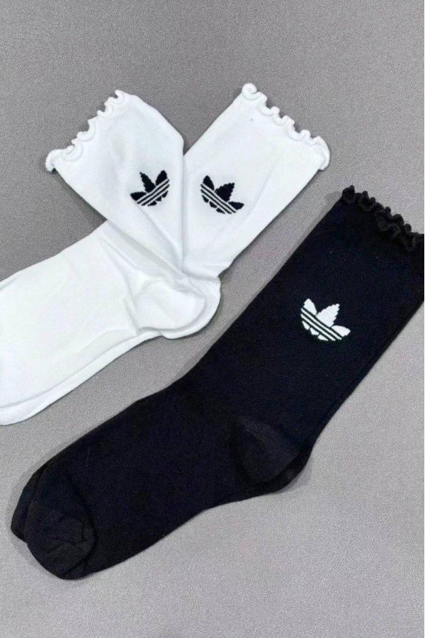 Adidas 荷葉邊 中筒襪 黑/白(一組)