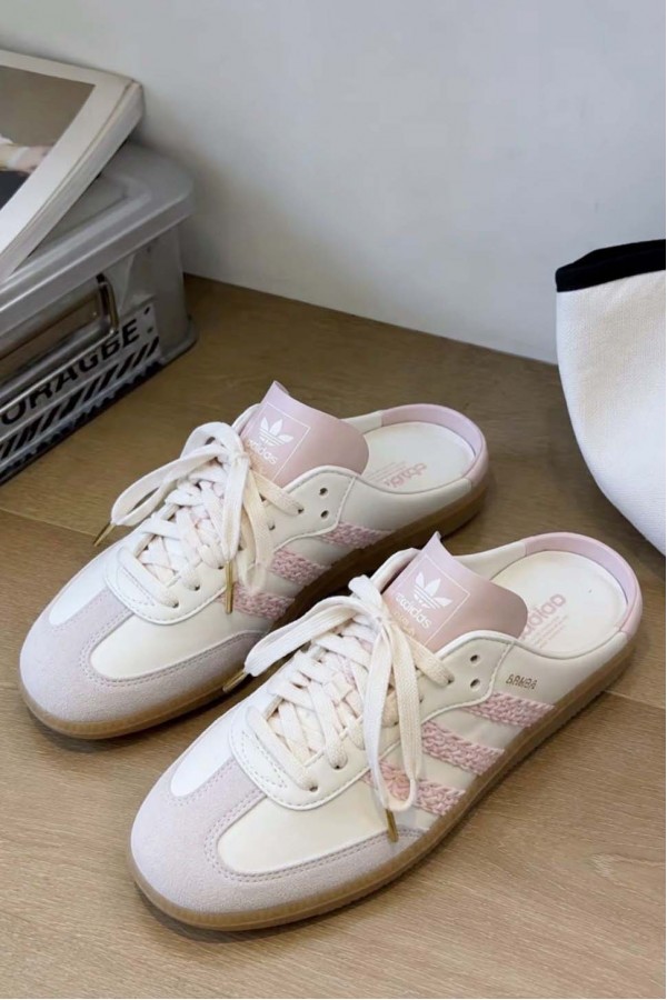Adidas Samba 編織 穆勒拖鞋 奶油粉