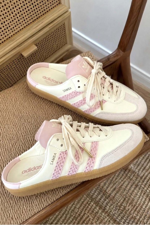 Adidas Samba 編織 穆勒拖鞋 奶油粉