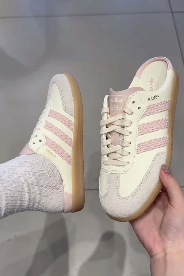 Adidas Samba 編織 穆勒拖鞋 奶油粉
