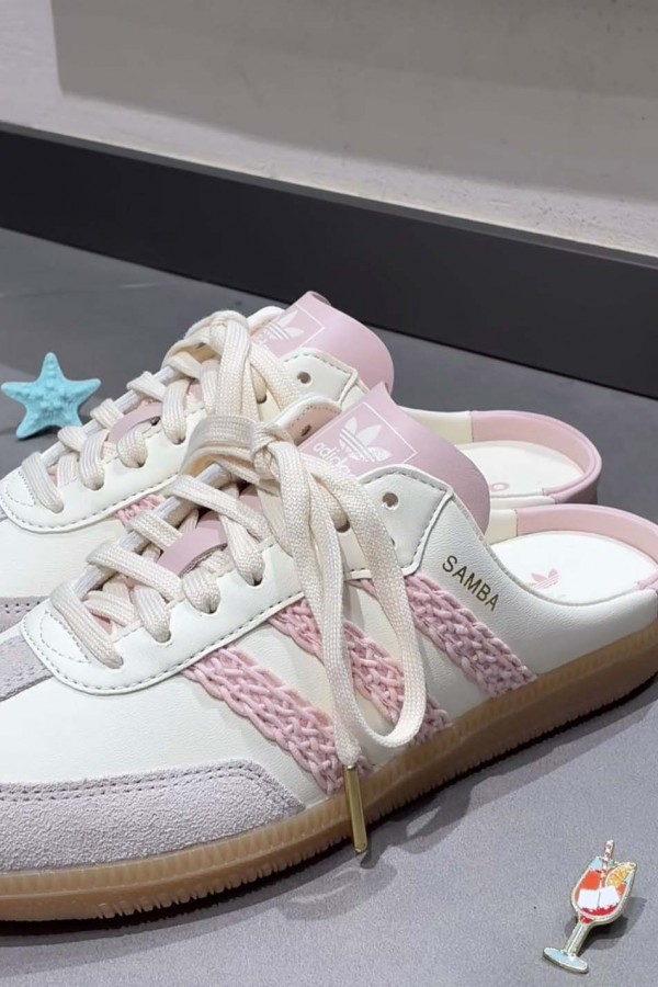 Adidas Samba 編織 穆勒拖鞋 奶油粉