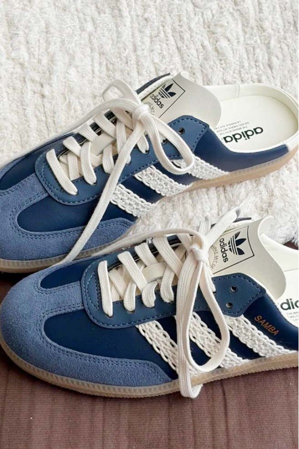 Adidas Samba 編織 穆勒拖鞋 深藍白