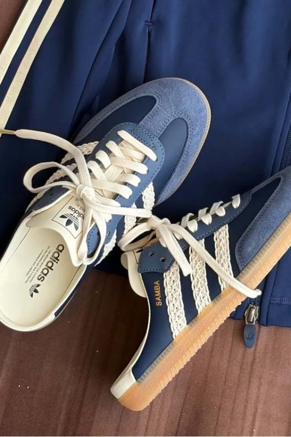 Adidas Samba 編織 穆勒拖鞋 深藍白