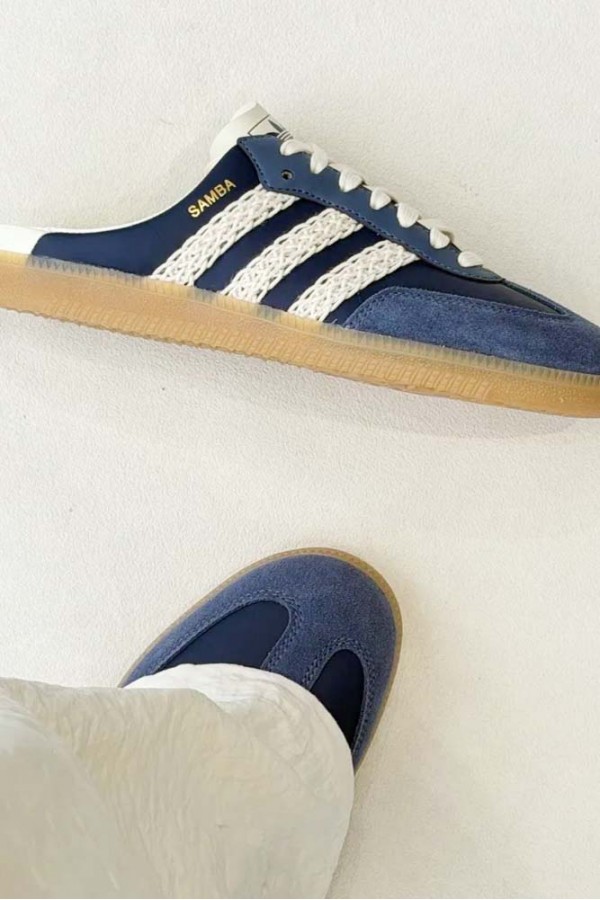 Adidas Samba 編織 穆勒拖鞋 深藍白