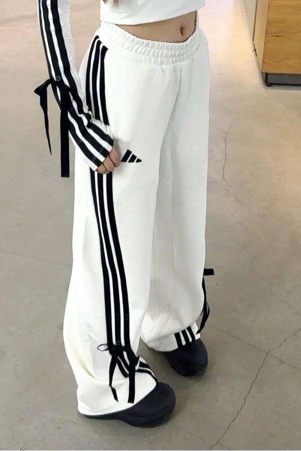 Adidas Originals 條紋 蝴蝶結 寬褲 白