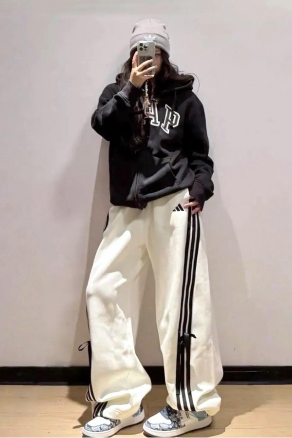 Adidas Originals 條紋 蝴蝶結 寬褲 白