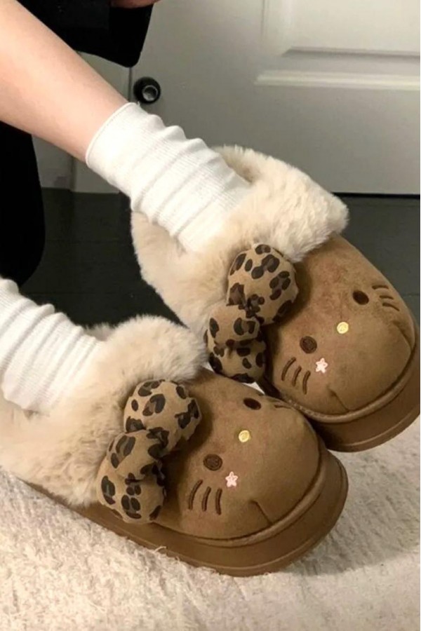 Hello Kitty 豹紋 蝴蝶結 毛絨拖(3色)