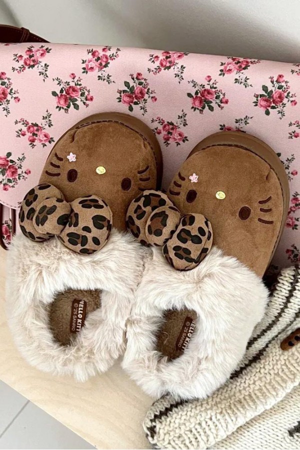 Hello Kitty 豹紋 蝴蝶結 毛絨拖(3色)