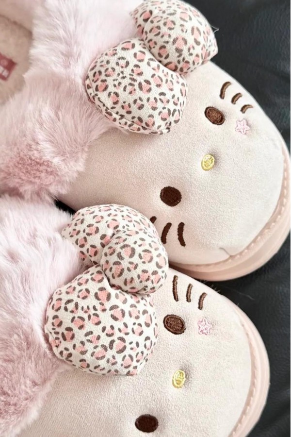 Hello Kitty 豹紋 蝴蝶結 毛絨拖(3色)