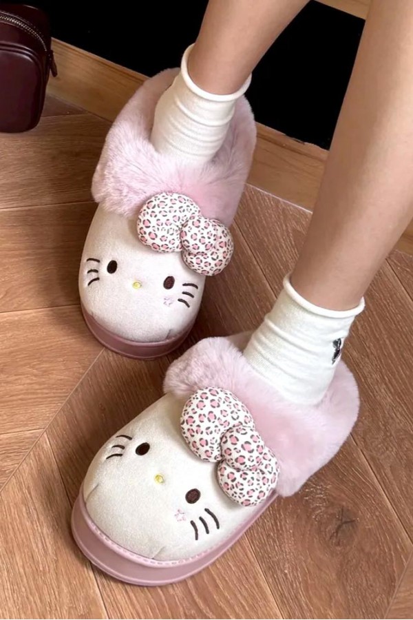 Hello Kitty 豹紋 蝴蝶結 毛絨拖(3色)