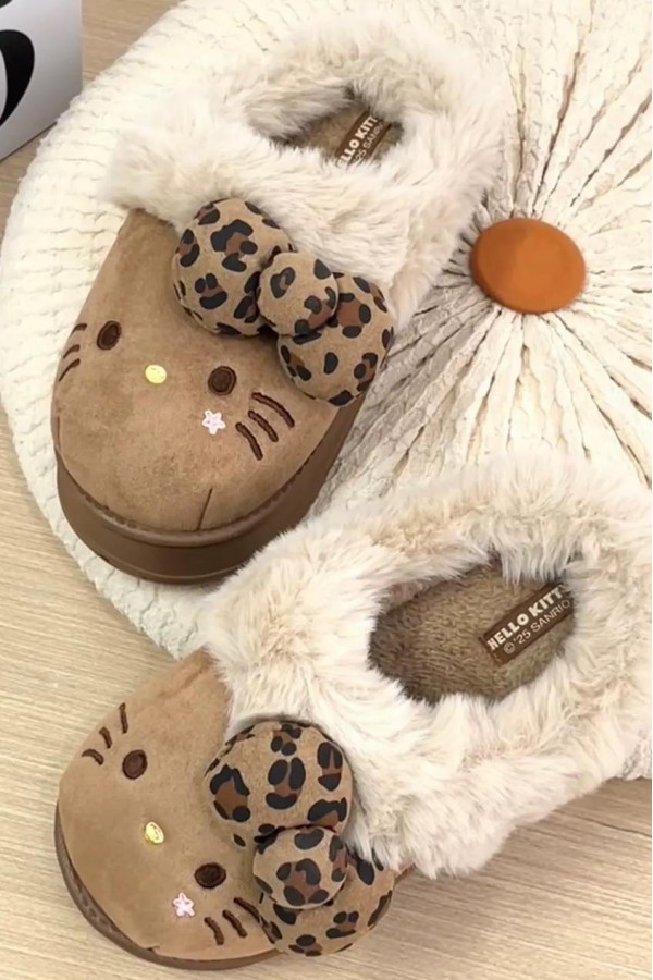 Hello Kitty 豹紋 蝴蝶結 毛絨拖(3色)