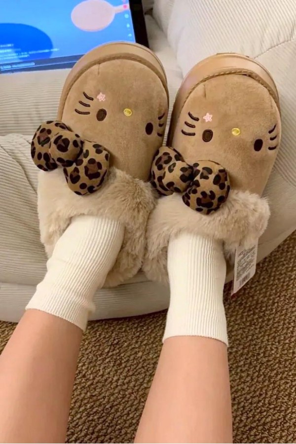 Hello Kitty 豹紋 蝴蝶結 毛絨拖(3色)